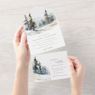 Schicke Winter-Kiefern-Schneelandschaft-Hochzeit All In One Einladung