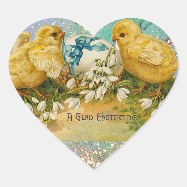 SCHICKEN,BLUME,EASTER EGG IN GOLD BLAUE GLITZERN Herz-Aufkleber (Vorderseite)