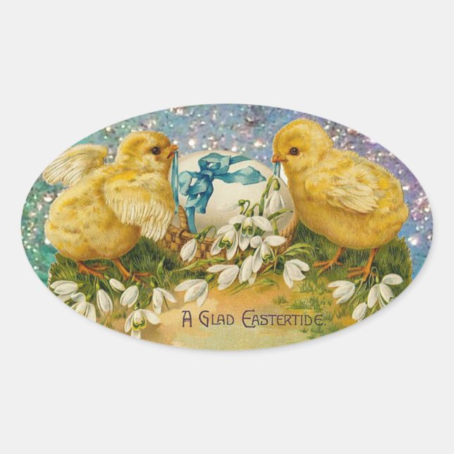 SCHICKEN,BLUME,EASTER EGG IN GOLD BLAUE GLITZERN OVALER AUFKLEBER (Vorderseite)