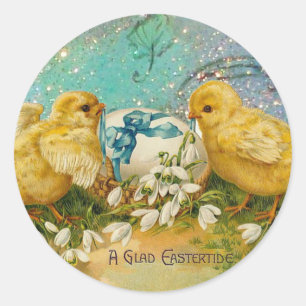 SCHICKEN,BLUME,EASTER EGG IN GOLD BLAUE GLITZERN RUNDER AUFKLEBER