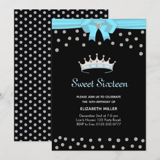 Schicker Glitter-Diamant Sweet Sixteen auf Schwarz Einladung