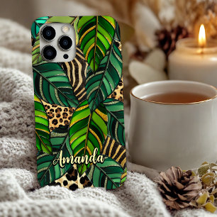 Schicker Leopardenprint Monstera-Blätter Monogramm iPhone 16 Hülle