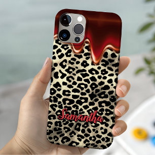 Schicker roter Leopardendruck mit tropfendem Monog iPhone 16 Hülle