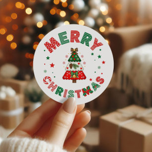 Schicker roter und grüner Frohe Weihnachten Baum F Runder Aufkleber