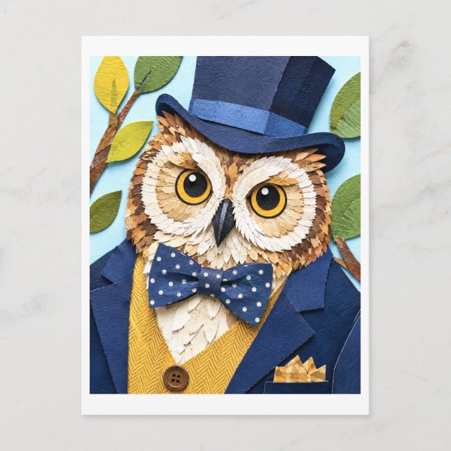 Schicker Uhu mit Zylinder Postkarte (Vorderseite)