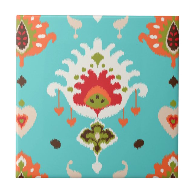 Schicker vibrierender Türkis Stammes- ikat Druck Fliese (Vorderseite)