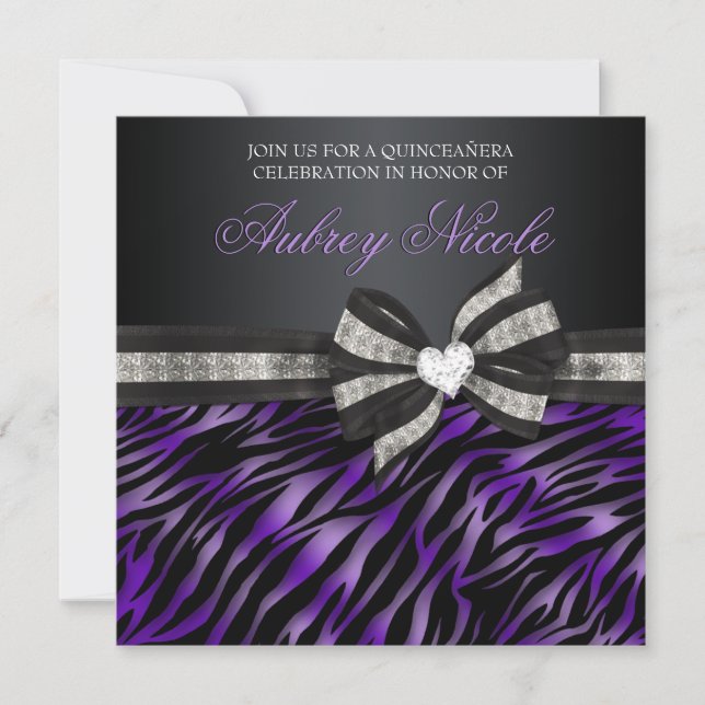 Schicker Zebra Quinceañera laden mit Jeweled Bogen Einladung (Vorderseite)