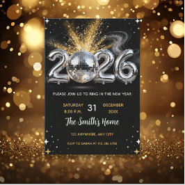Schickes 2026 Silvesterparty Gold Glitter Schwarz Einladung