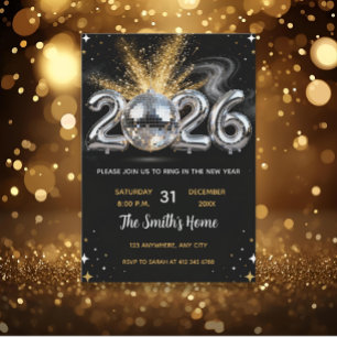Schickes 2026 Silvesterparty Gold Glitter Schwarz Einladung