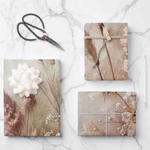 Schickes Beige-Rosa Boho-Blumenmuster  Geschenkpapier Set