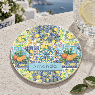 Schickes Blau Türkis Sizilianisches Zitrus Floral Getränkeuntersetzer