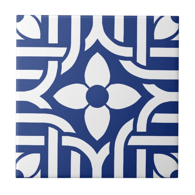 Schickes Blau-Weiß-Blumenmuster Fliese (Vorderseite)