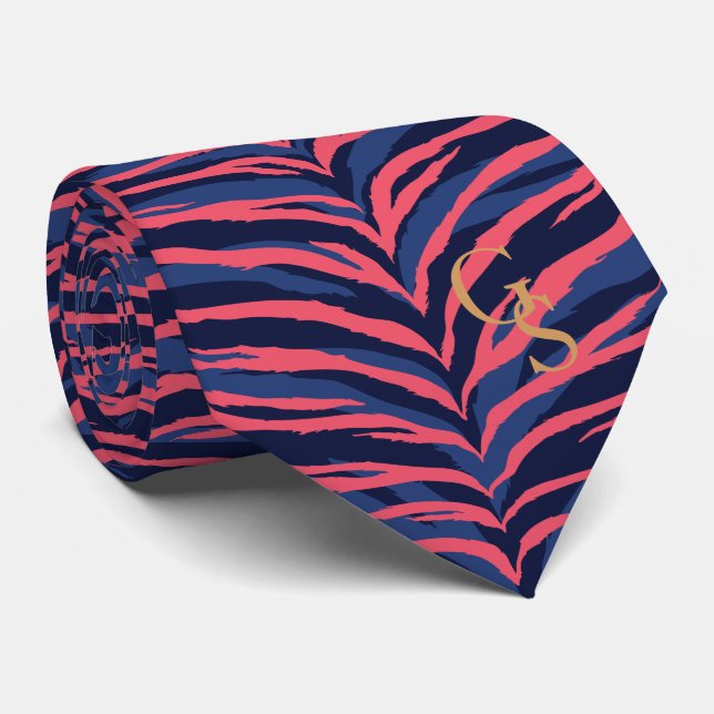 Schickes buntes rosa Marine Zebra-Druckmonogramm Krawatte (Gerollt)