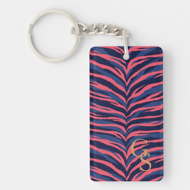 Schickes buntes rosa Marine Zebra-Druckmonogramm Schlüsselanhänger (Vorderseite)