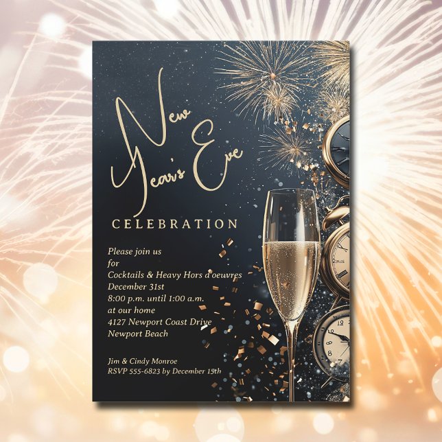 Schickes Champagner-Silvester Einladung (Chic Champagne and Clocks New Year's Eve party invitations, PRINTED and/or INSTANT DOWNLOAD)