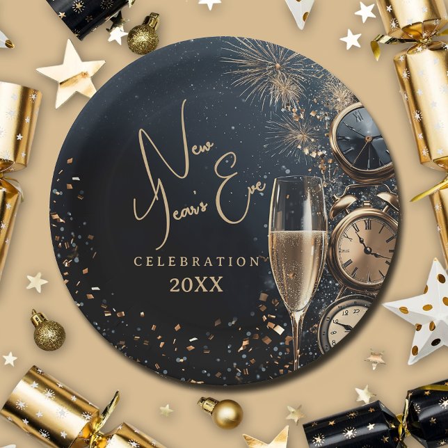Schickes Champagner-Silvester Pappteller (Chic Champagne and Clocks New Year's Eve paper plates, 7" or 9")