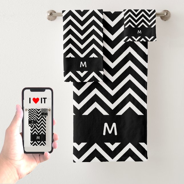 Schickes Chevron-Muster auf Schwarz Weiß Monogramm Badhandtuch Set (Von Creator hochgeladen)