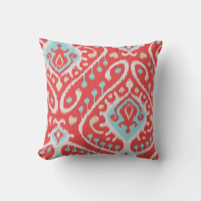 Schickes elegantes Rot und Türkis Stammes- ikat Kissen (Vorderseite)