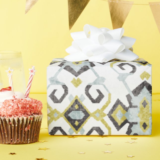 Schickes gelbes und graues ikat Stammes- Muster Geschenkpapier (Geburtstagsparty)