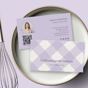 Schickes Gingham Lila Bäckerei QR-Foto Visitenkarte