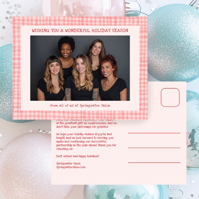 Schickes Gingham Rosa Rot Weihnachten Benutzerdefi (Chic Gingham Pink Red Christmas Custom Photo Business Salon Cute Holiday Postcard
)