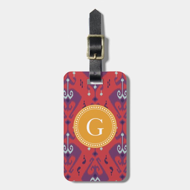 Schickes girly rotes ikat Stammes- Mustermonogramm Gepäckanhänger (Vorderseite vertikal)