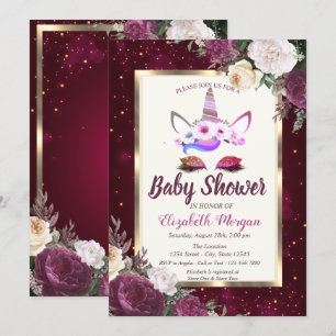 Schickes Glitter-Einhorn,Burgunder Florale Babypar Einladung