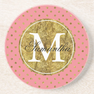 Schickes Goldbezauberndes und rosa Punkt-Monogramm Sandstein Untersetzer