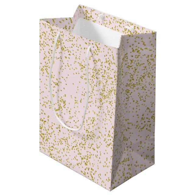 Schickes Goldrosa erröten Confetti-Schein Mittlere Geschenktüte (Vorderseite Schrägansicht)