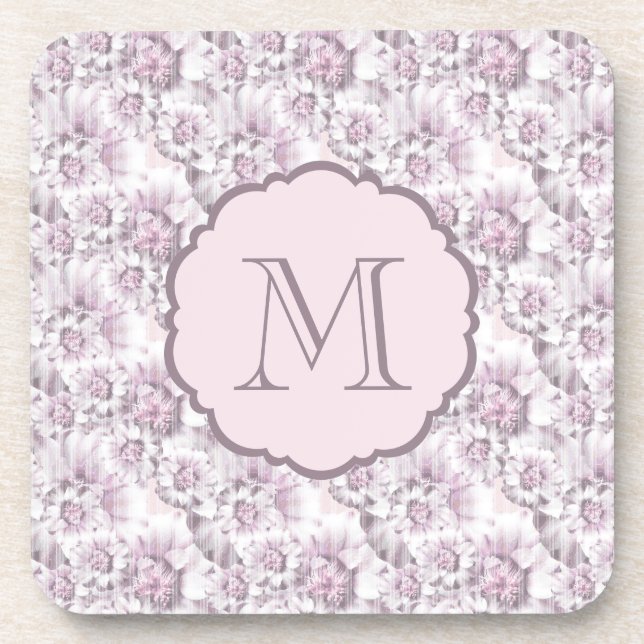 Schickes graues und rosa Blumenmuster-Monogramm Untersetzer (Vorderseite)