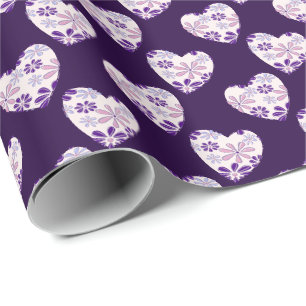 Schickes Indigo Rosa Blau Blumen Gemustertes Herzd Geschenkpapier