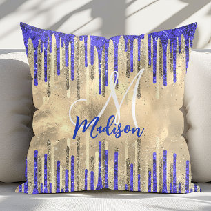 Schickes königsblau-gold-glitzer-tropfen-monogramm kissen