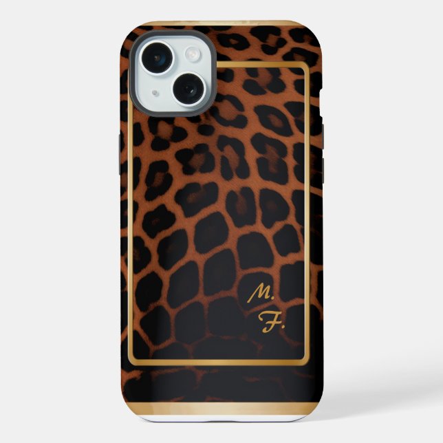 Schickes Leopardenmuster-Monogramm iPhone 15 Plus Hülle (Rückseite)