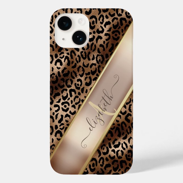 Schickes Leopardenmuster Schwarz Bronze Monogramm Case-Mate iPhone 14 Hülle (Rückseite)