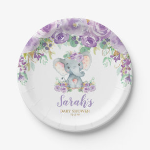Schickes lila florales Elefant-Baby-Shower Mädchen Pappteller