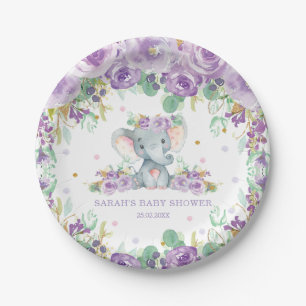 Schickes lila florales Elefant-Baby-Shower Mädchen Pappteller