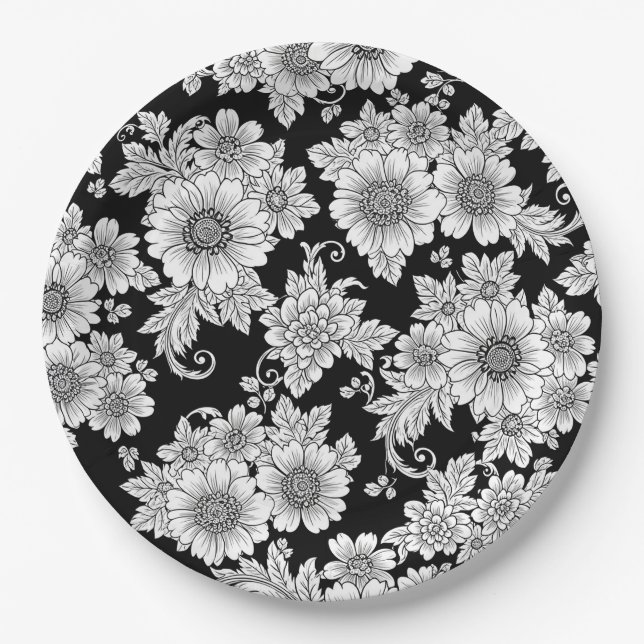 Schickes monochromes Blumenluxus-Muster (2) Pappteller (Vorderseite)