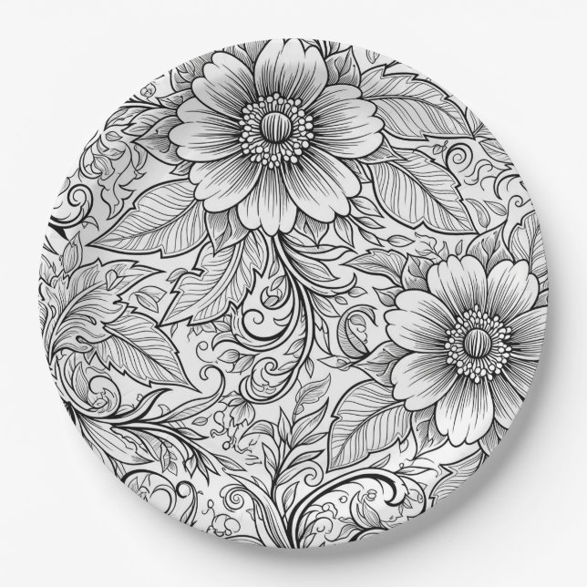 Schickes monochromes Blumenluxus-Muster (3) Pappteller (Vorderseite)