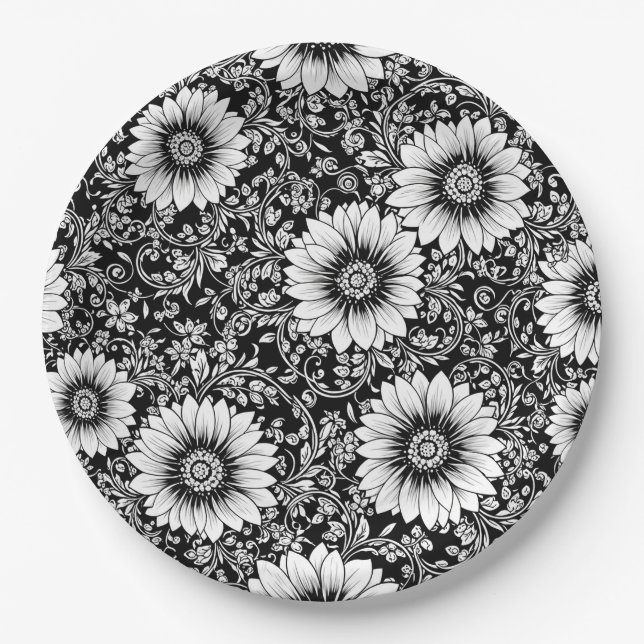Schickes monochromes Blumenluxus-Muster (5) Pappteller (Vorderseite)