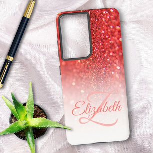 Schickes Monogramm Korallen Glitter Ombre Vorname Samsung Galaxy Hülle