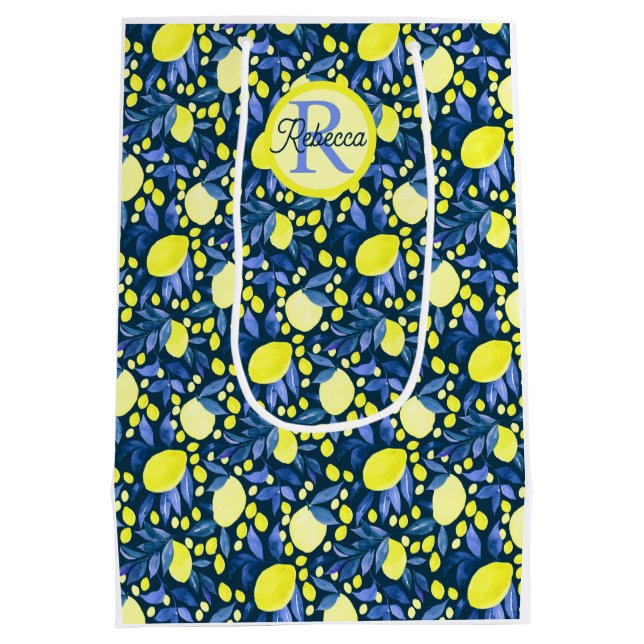 Schickes Monogramm Name Rustikal Zitrus Lemons Bla Mittlere Geschenktüte (Rückseite)