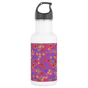 Schickes Retro-Blumenmuster auf Magenta-Wasserflas Edelstahlflasche