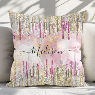 Schickes rosa Gold Glitter-Tropfen-Monogramm Kissen