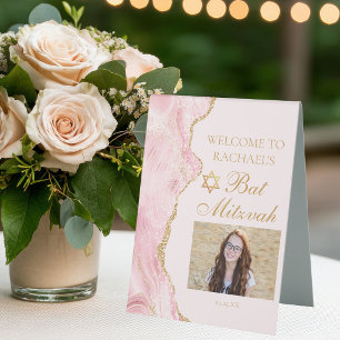 Schickes Rosa Gold Mitzwa-Party-Photo-Willkommen Tischaufsteller