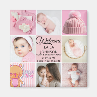 Schickes rosa individuelles Namen- und Baby-Foto-C Magnet
