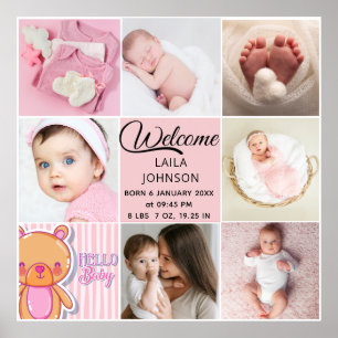 Schickes rosa individuelles Namen- und Baby-Foto-C Poster