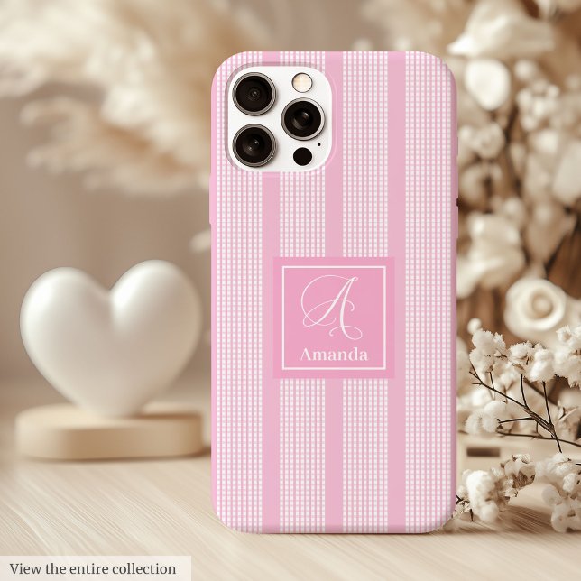 Schickes rosa kariertes iPhone-Case – minimalistis Case-Mate iPhone Hülle (Chic Pink Plaid iPhone Case – Minimalist Name Art)