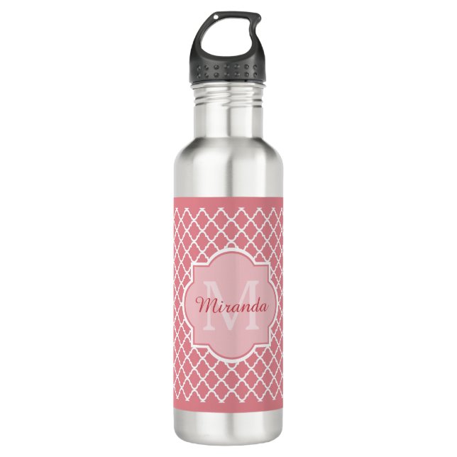 Schickes rosa Quatrefoil Monogramm mit Namen Trinkflasche (Vorderseite)
