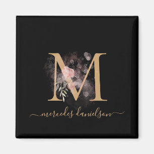 Schickes schwarzes und goldenes Schrift Blumenmono Magnet