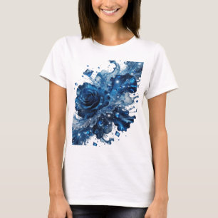 Schickes Silbernes BLAUE ROSE MIT KRISTALLEN Grafi T-Shirt